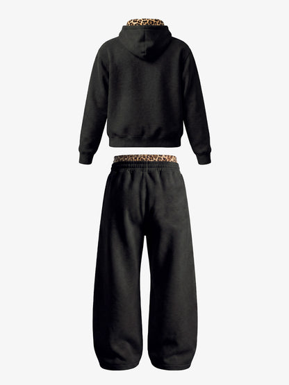 Leoparden-Patchwork-Hoodie & Hosen-Set