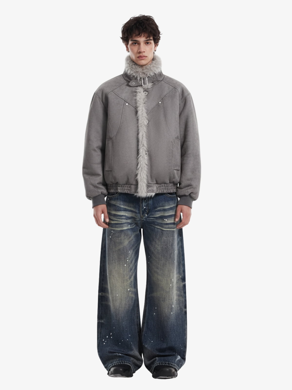 Vintage Faux Fur Trimmed Suede Padded Bomber Jacket 