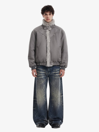 Vintage Faux Fur Trimmed Suede Padded Bomber Jacket 