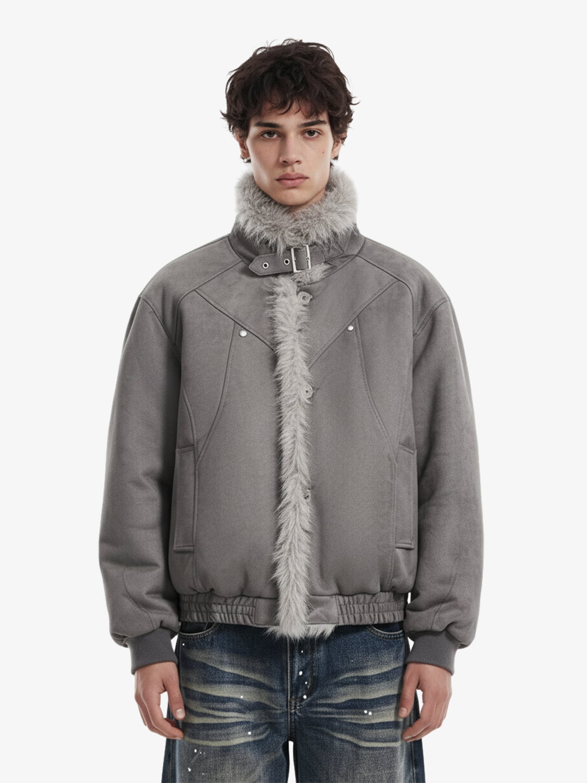 Vintage Faux Fur Trimmed Suede Padded Bomber Jacket 