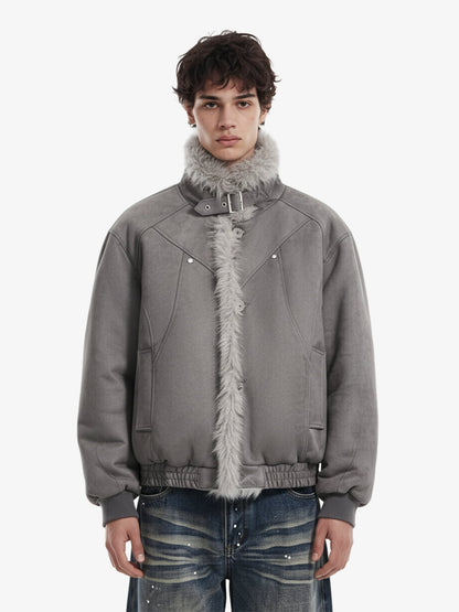 Vintage Faux Fur Trimmed Suede Padded Bomber Jacket 