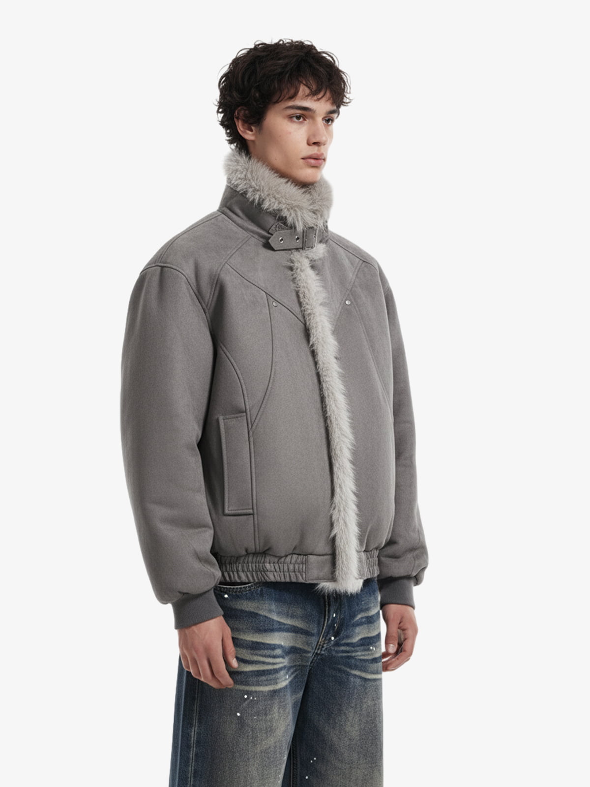 Vintage Faux Fur Trimmed Suede Padded Bomber Jacket 