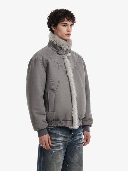 Vintage Faux Fur Trimmed Suede Padded Bomber Jacket 