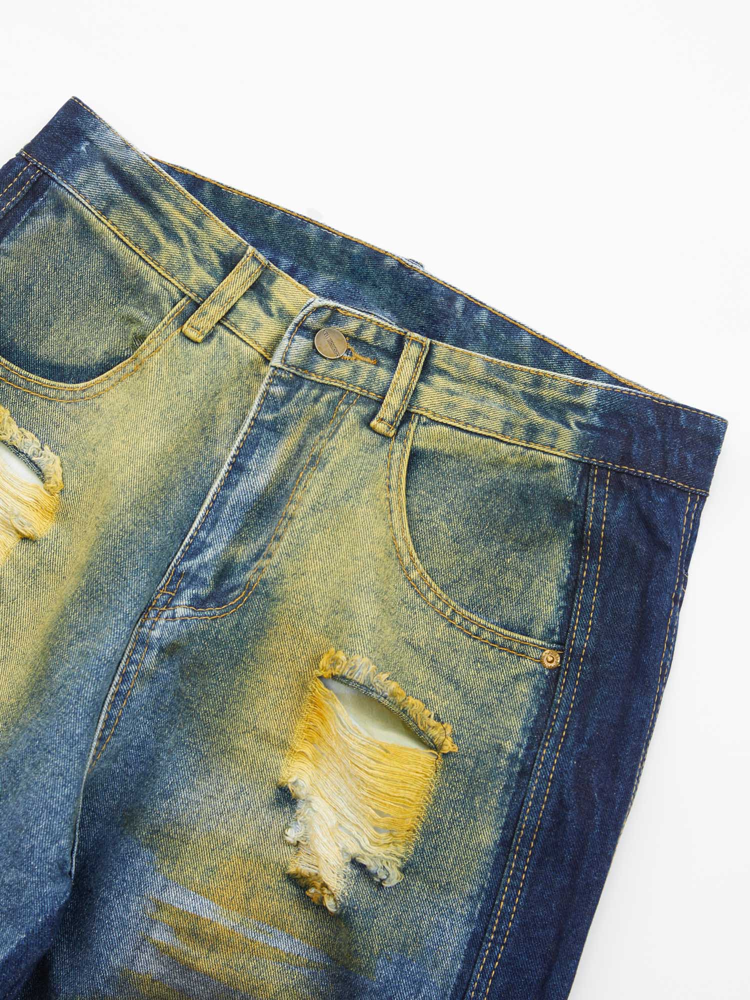 Thesupermade Hip-hop Washed Distressed Loose Spray-dyed Jeans