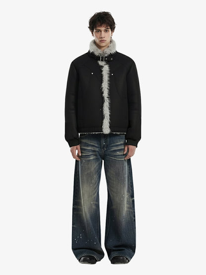 Vintage Faux Fur Trimmed Suede Padded Bomber Jacket 