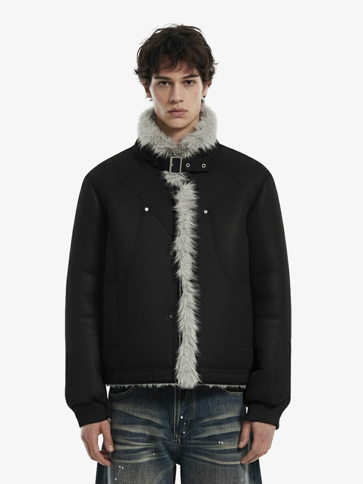 Vintage Faux Fur Trimmed Suede Padded Bomber Jacket 