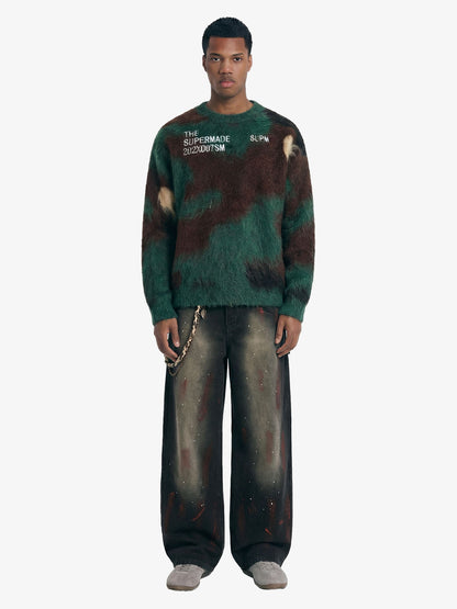 Vintage Inkjet Dirty Dye Washed Scimitar Distressed Jeans 