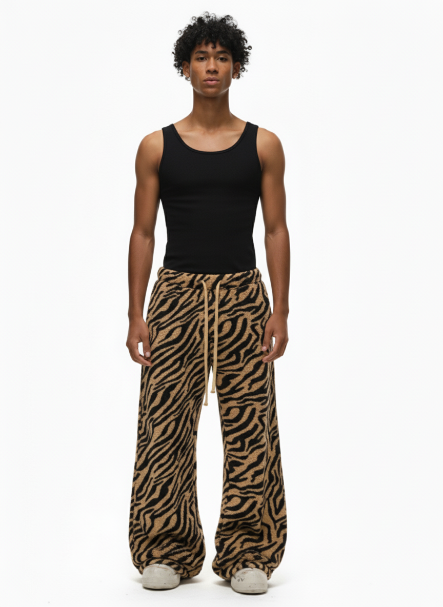 Retro Zebra Print Wide-Leg Lounge Barrel Pants 