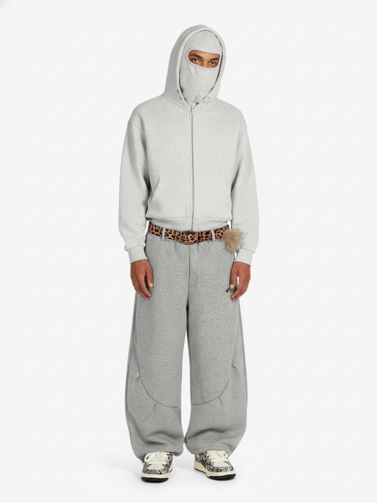 Leopard Belt Fur-Pom Detail Fleece Wide-Leg Pants 