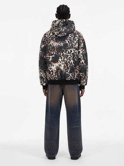 Retro Leopard Print Fleece-Lined Zip Up Padded Jacket 