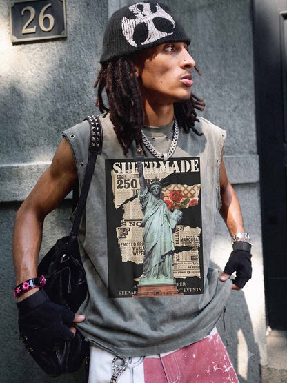 ヴィンテージ リバティ新聞柄 ノースリーブTシャツ