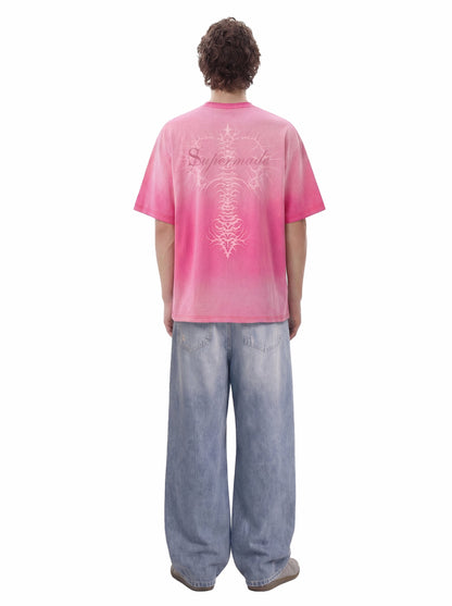 Acid Wash Gothic Cross Spine Graphic Distressed T-Shirt - 2604 