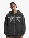 Vintage Washed Symmetrical Star Rhinestone Zip-Up Hoodie