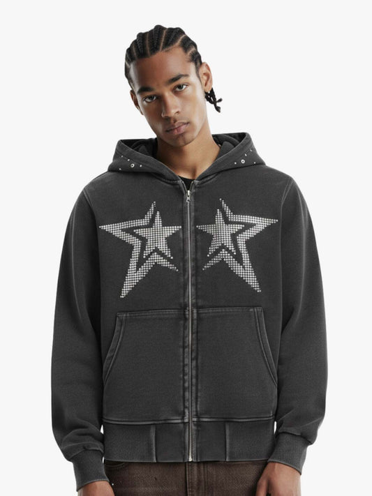 Vintage Washed Symmetrical Star Rhinestone Zip-Up Hoodie