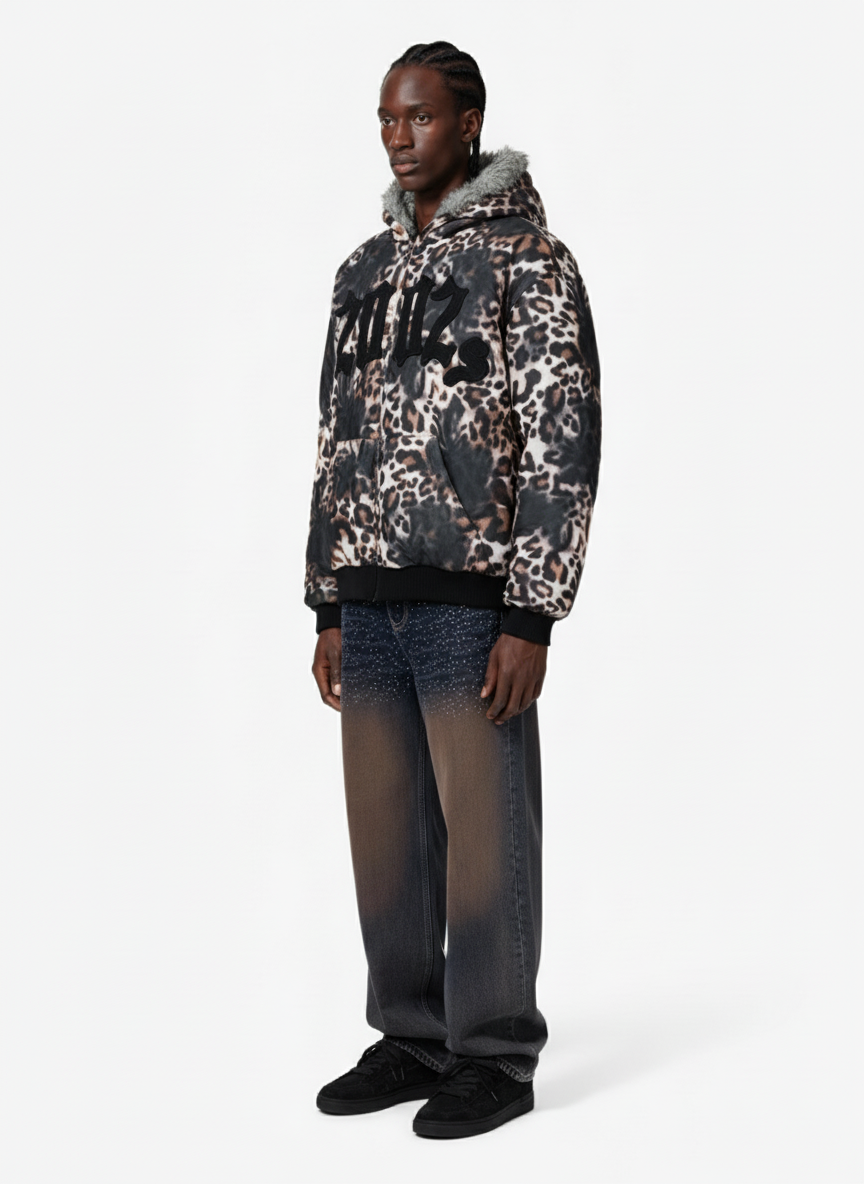 Retro Leopard Print Fleece-Lined Zip Up Padded Jacket 