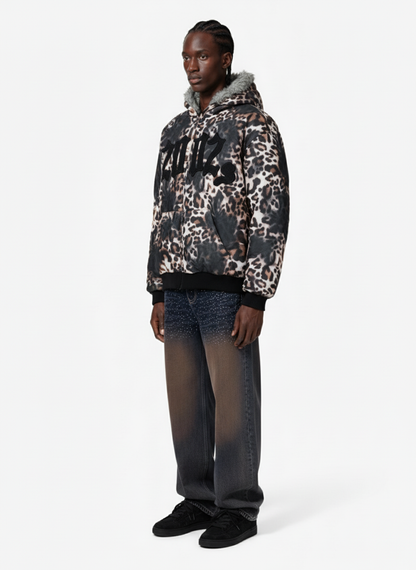 Retro Leopard Print Fleece-Lined Zip Up Padded Jacket 