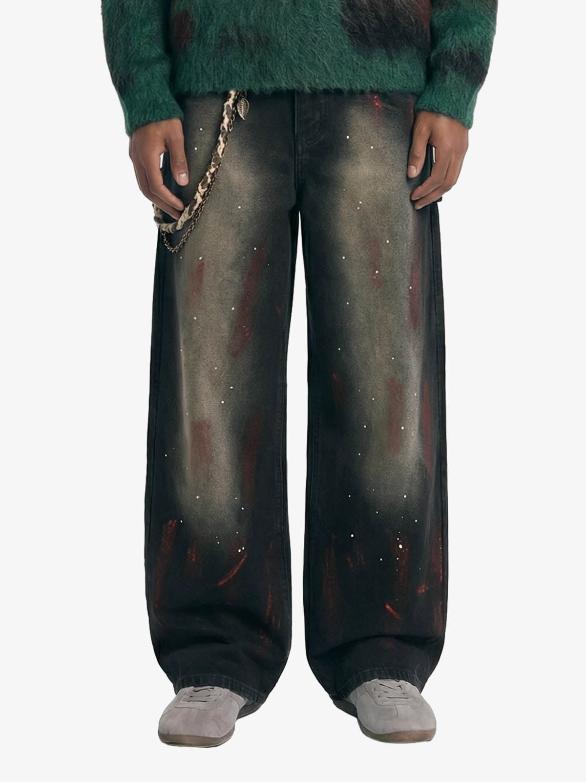 Vintage Inkjet Dirty Dye Washed Scimitar Distressed Jeans 