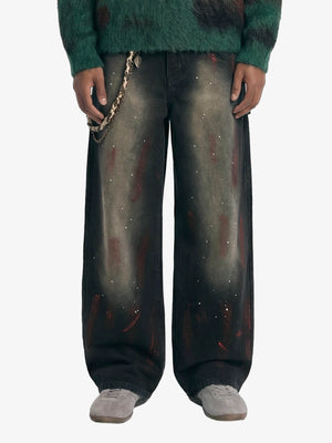 Vintage Inkjet Dirty Dye Washed Scimitar Distressed Jeans 