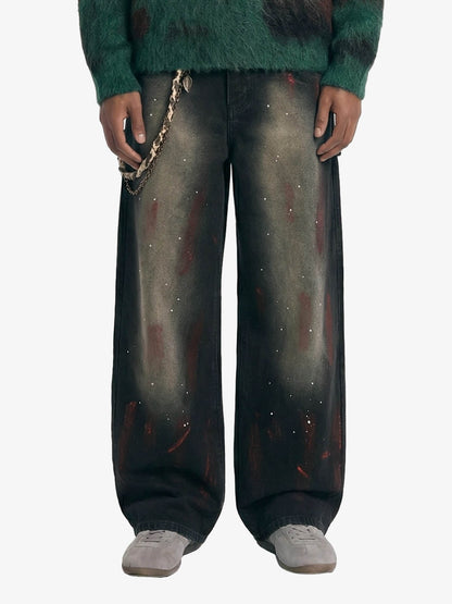 Vintage Inkjet Dirty Dye Washed Scimitar Distressed Jeans 