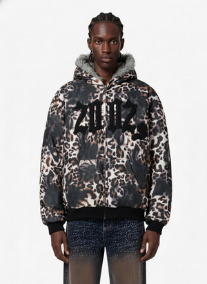 Retro Leopard Print Fleece-Lined Zip Up Padded Jacket 