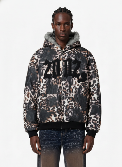 Retro Leopard Print Fleece-Lined Zip Up Padded Jacket 