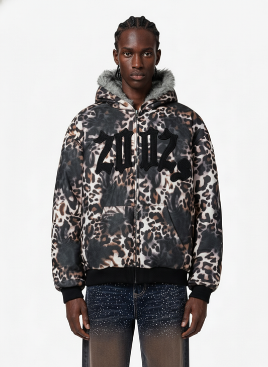 Retro Leopard Print Fleece-Lined Zip Up Padded Jacket 