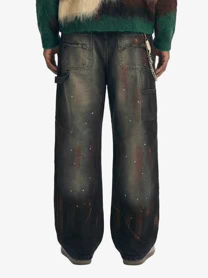 Vintage Inkjet Dirty Dye Washed Scimitar Distressed Jeans 