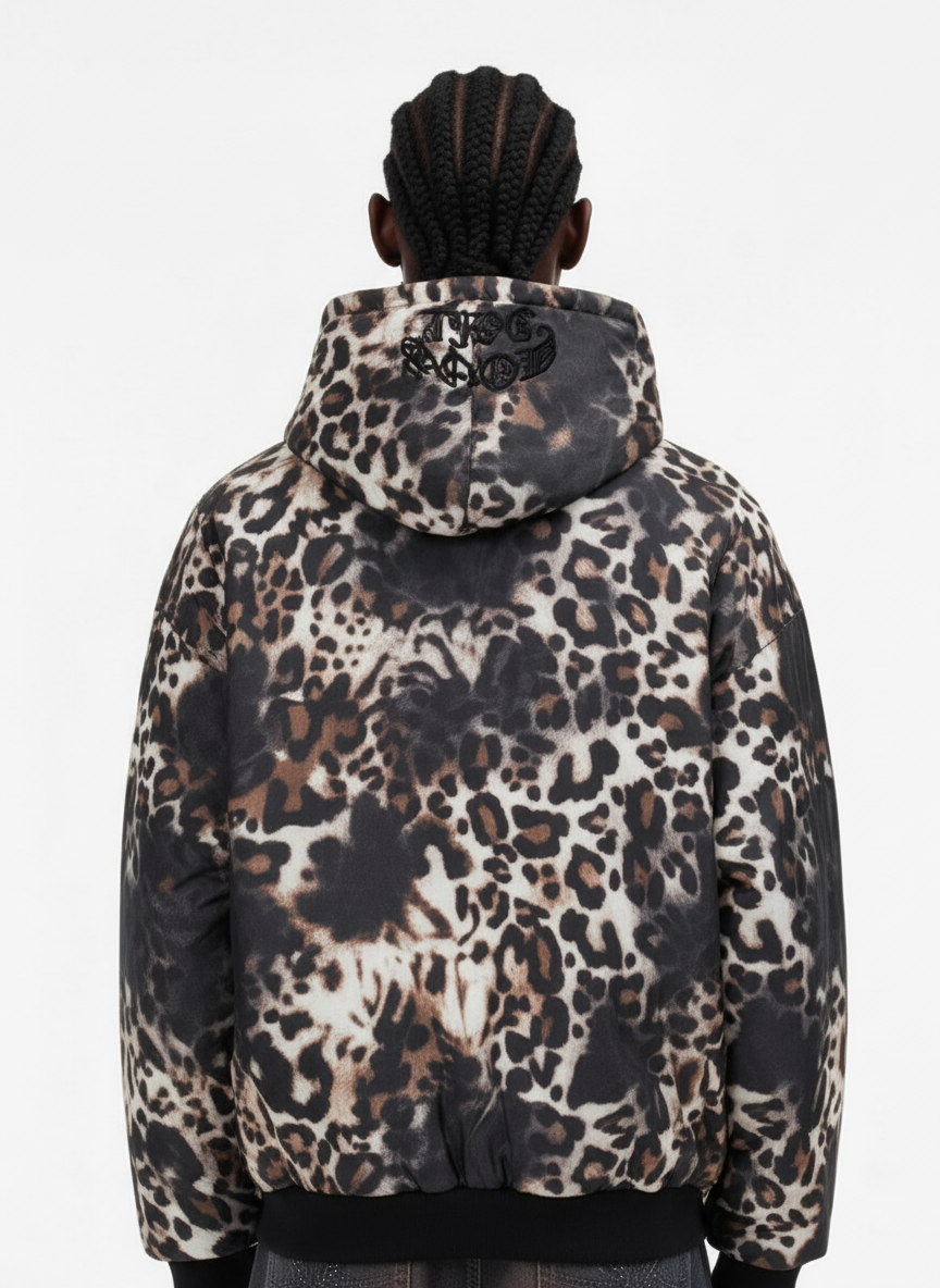 Retro Leopard Print Fleece-Lined Zip Up Padded Jacket 