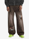 Retro Patchwork Washed Wide Leg Denim Jeans