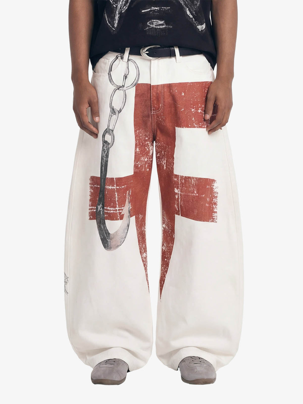 Vintage Distressed Chain Print Oversized Canvas Baggy Pants 