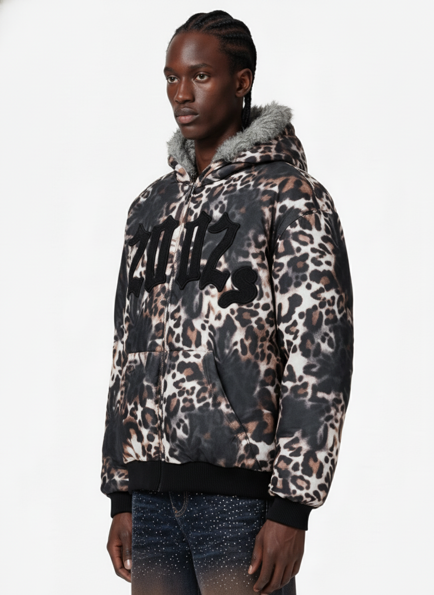 Retro Leopard Print Fleece-Lined Zip Up Padded Jacket 