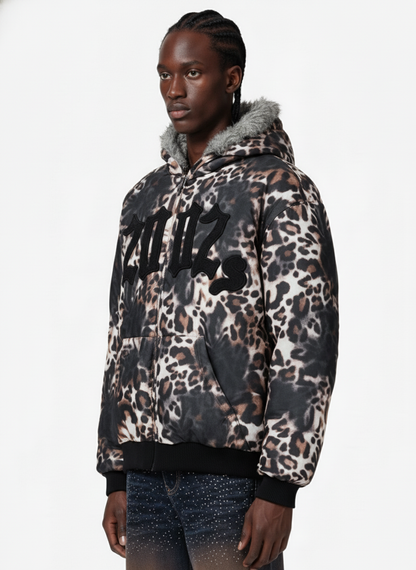 Retro Leopard Print Fleece-Lined Zip Up Padded Jacket 