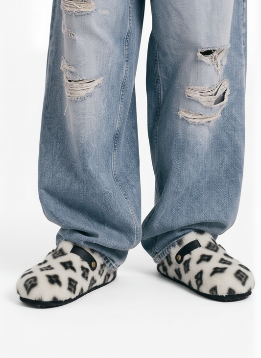 Abstract Spotted Faux Fur Buckle Clogs 