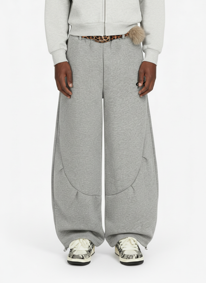 Leopard Belt Fur-Pom Detail Fleece Wide-Leg Pants 