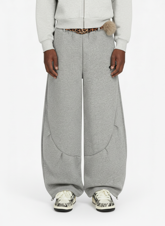 Leopard Belt Fur-Pom Detail Fleece Wide-Leg Pants 