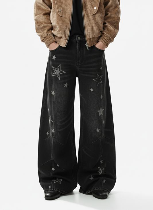 Vintage Star Print Washed Barrel Jeans 