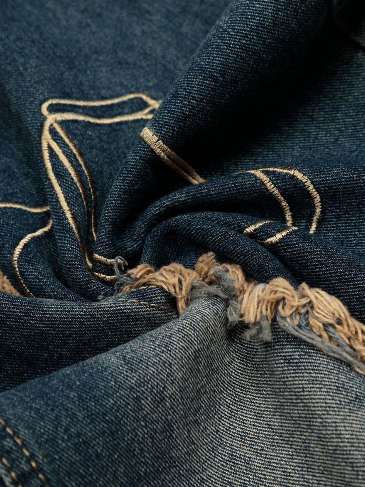 Distressed Denim Jeans with Embroidered Celestial Motifs for Women 