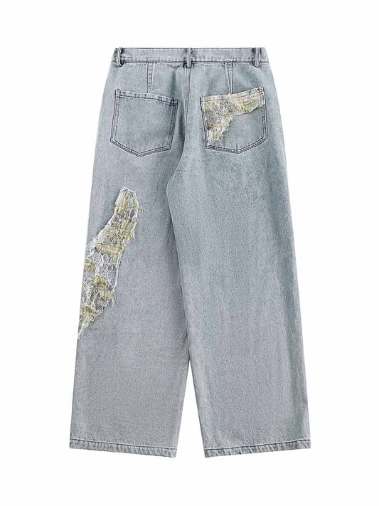 Ripped Lace Patchwork Straight Jeans 