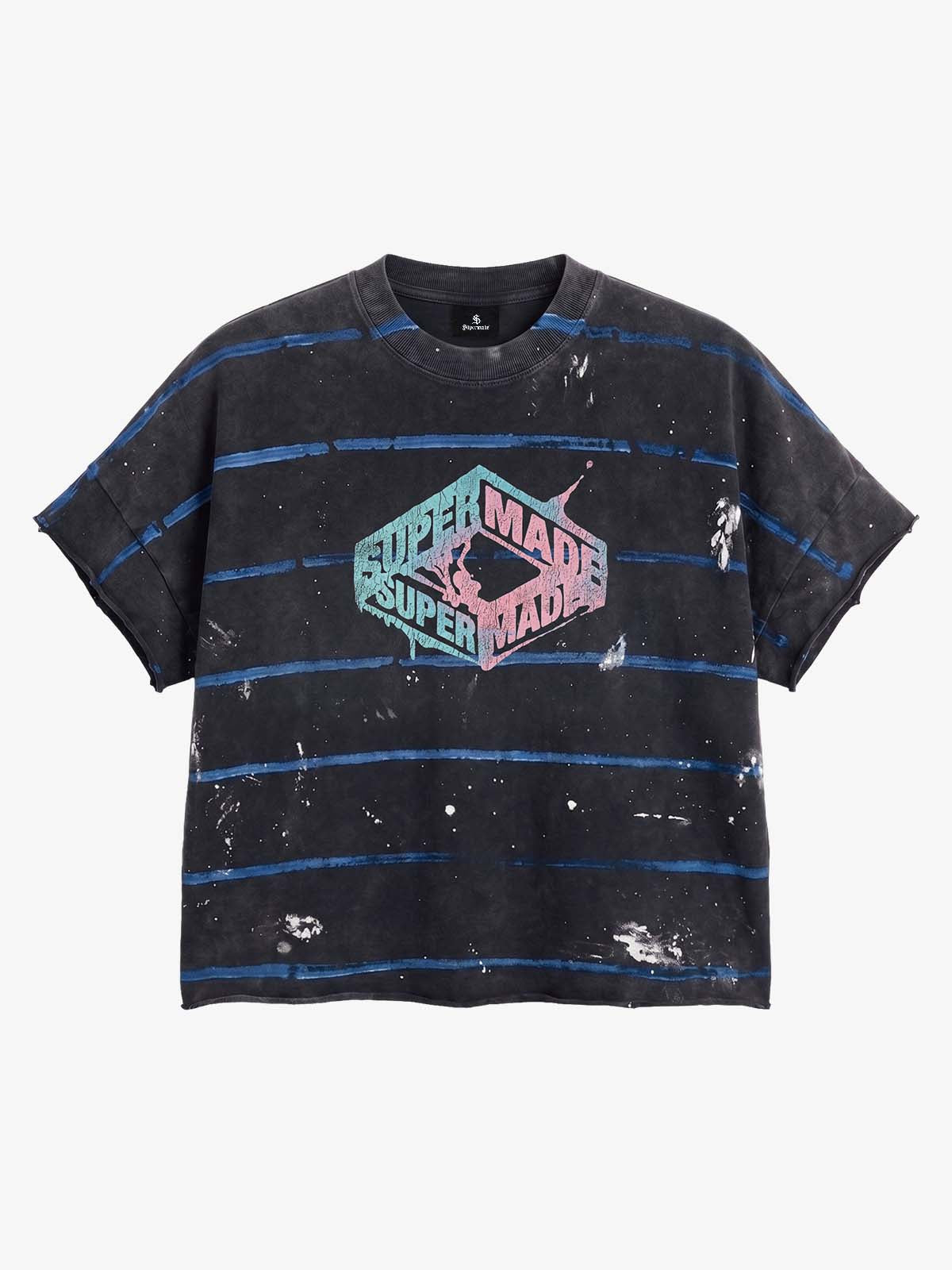 Vintage Washed Striped Paint Splatter Graphic T-Shirt 