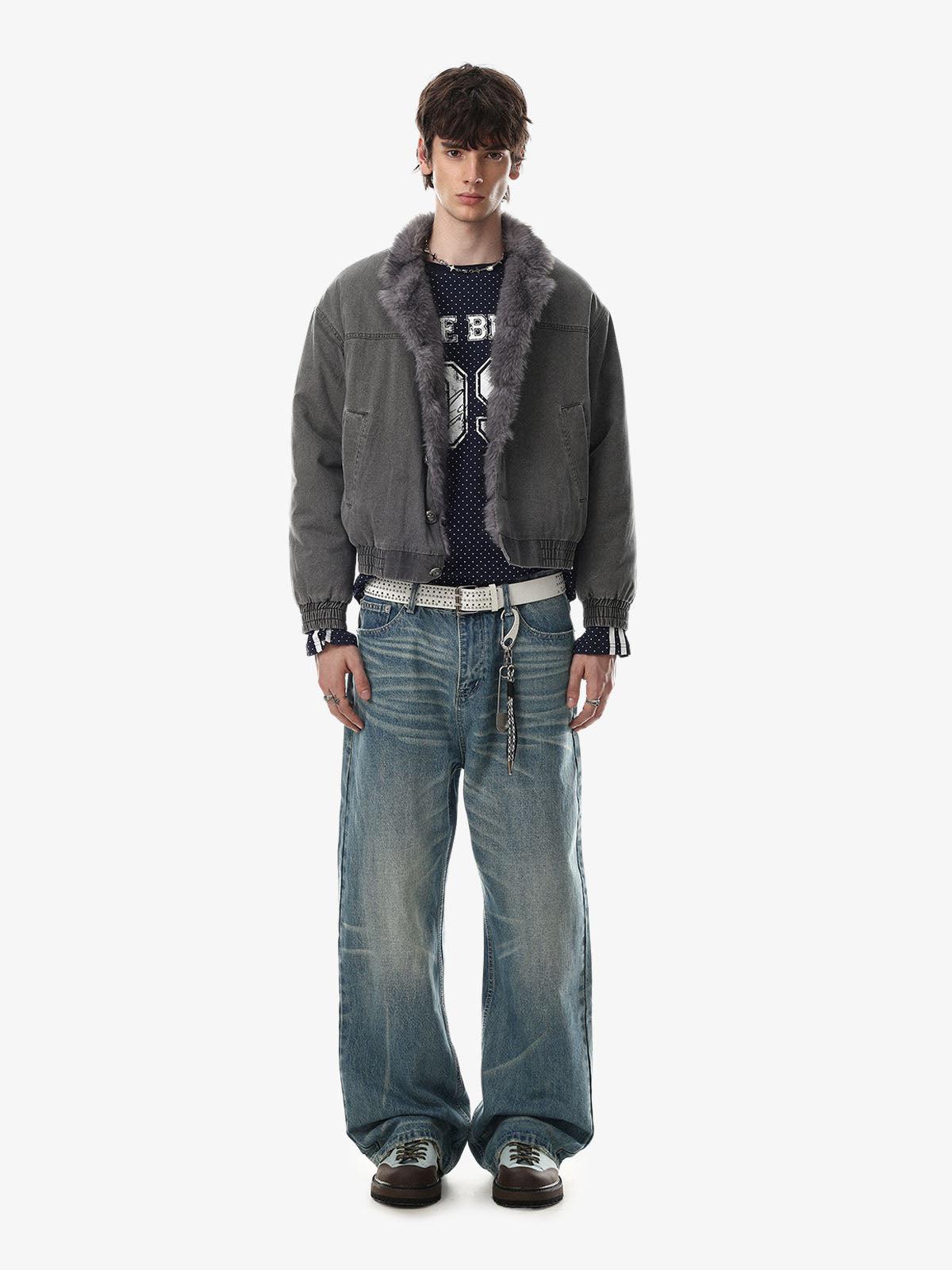 Faux-Fur Trim Washed Button-Up Coat