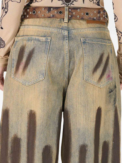 Retro Washed Brushstroke Wide-Leg Jeans 