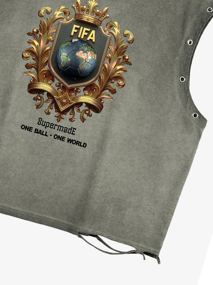 A distressed, street-style loose sleeveless vest adorned with FIFA gold-toned emblems and global prints, cut and washed 