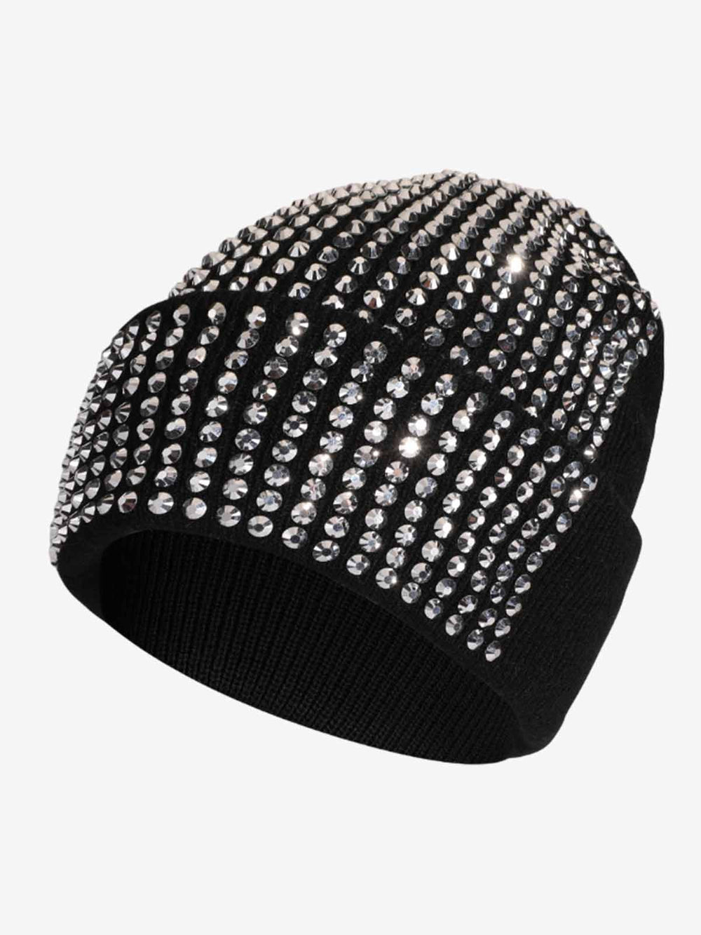 Rhinestone Embellished Ribbed Knit Beanie Hat 