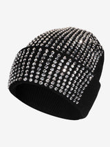 Rhinestone Embellished Ribbed Knit Beanie Hat; Black And White