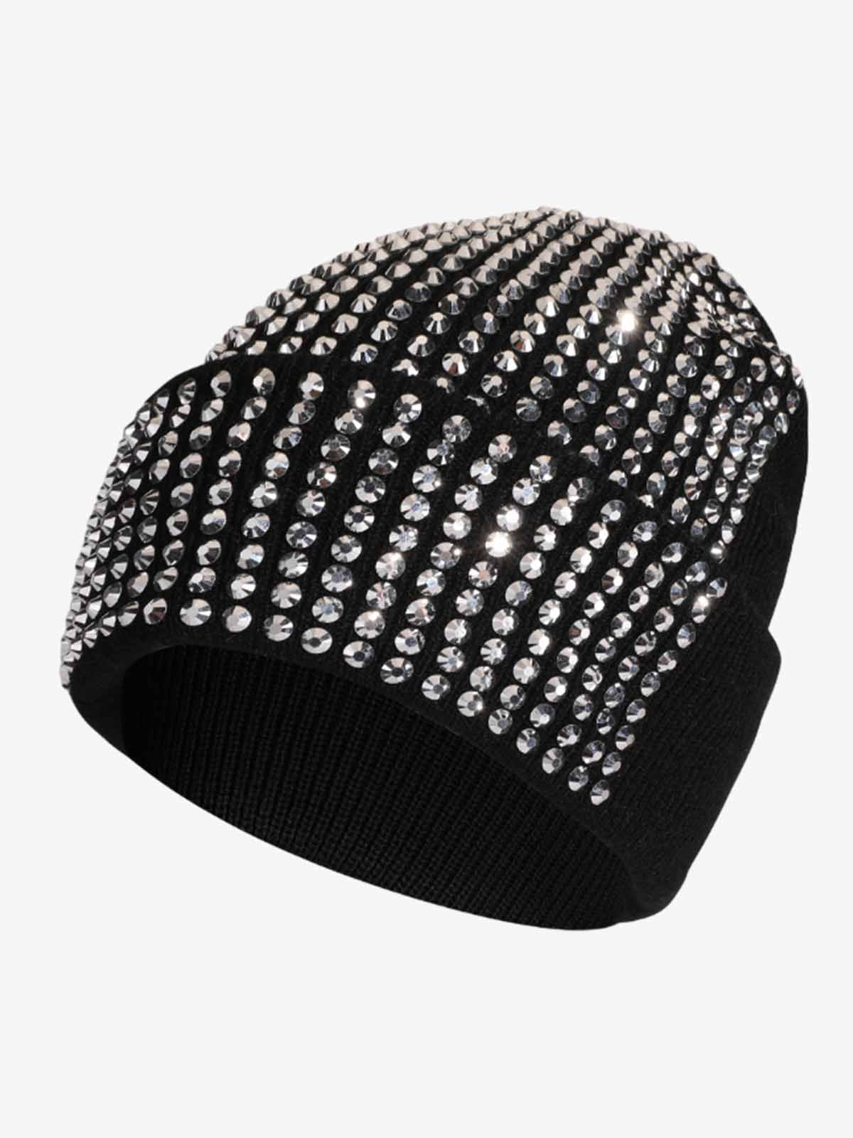 Rhinestone Embellished Ribbed Knit Beanie Hat 
