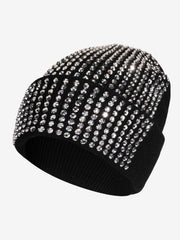 Rhinestone Embellished Ribbed Knit Beanie Hat 
