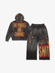 Flame-Wash Distressed Zip Hoodie & Wide-Leg Sweatpants Set