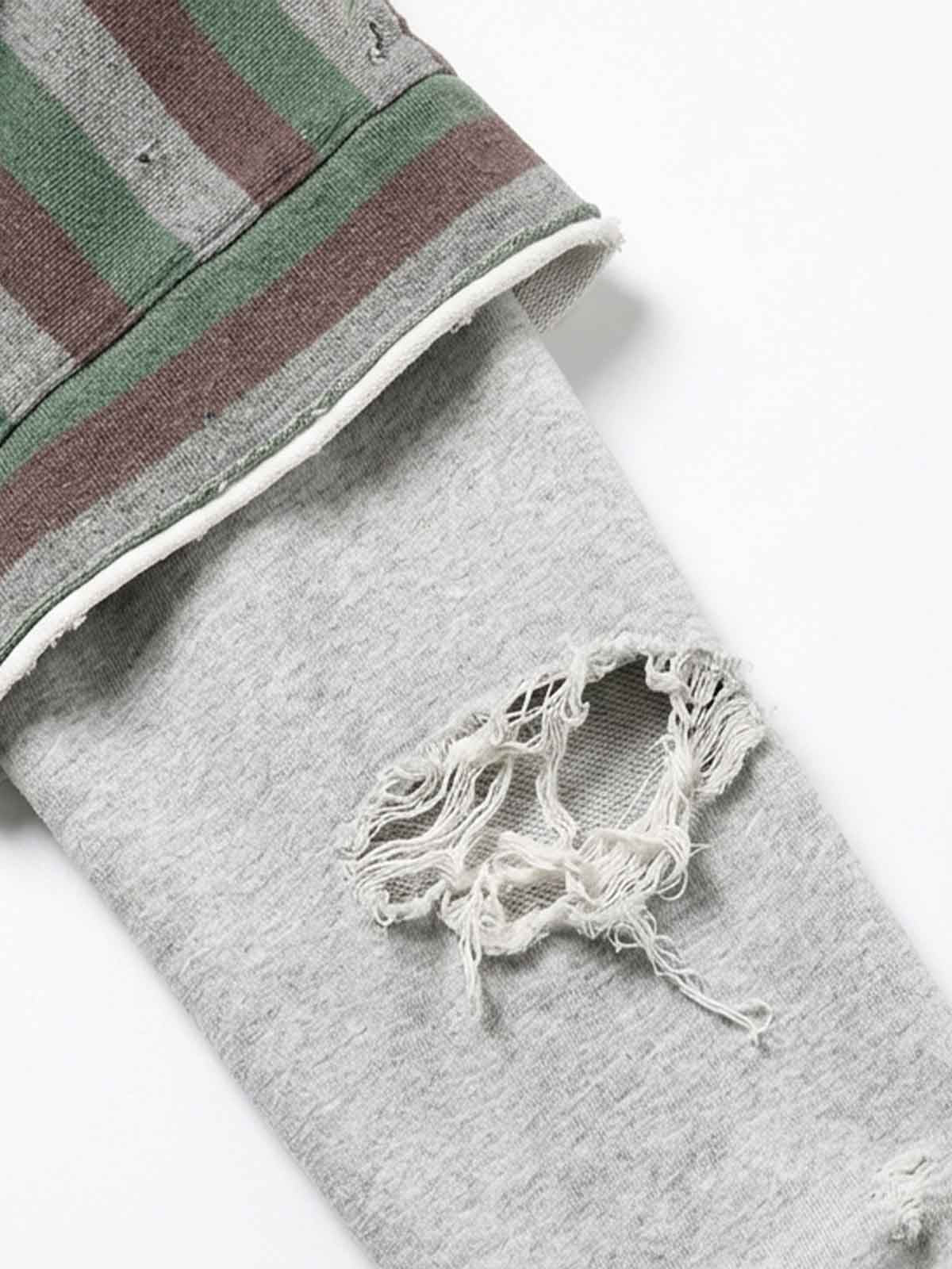 Striped Layered Distressed Cropped Zip Hoodie