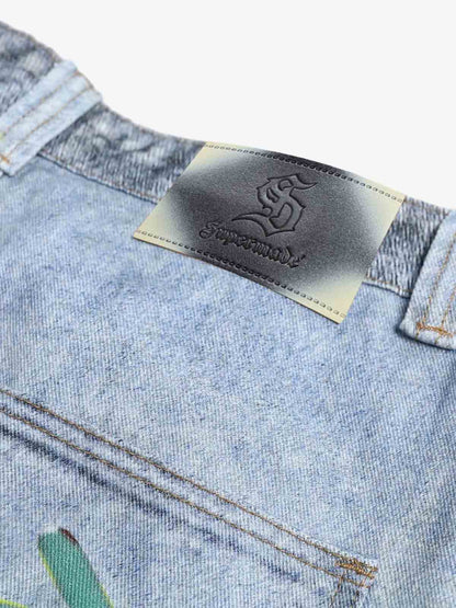 Denim Wide Leg Jeans with Dalmatian Print and Studs, Distressed Design for Streetwear Fashion 