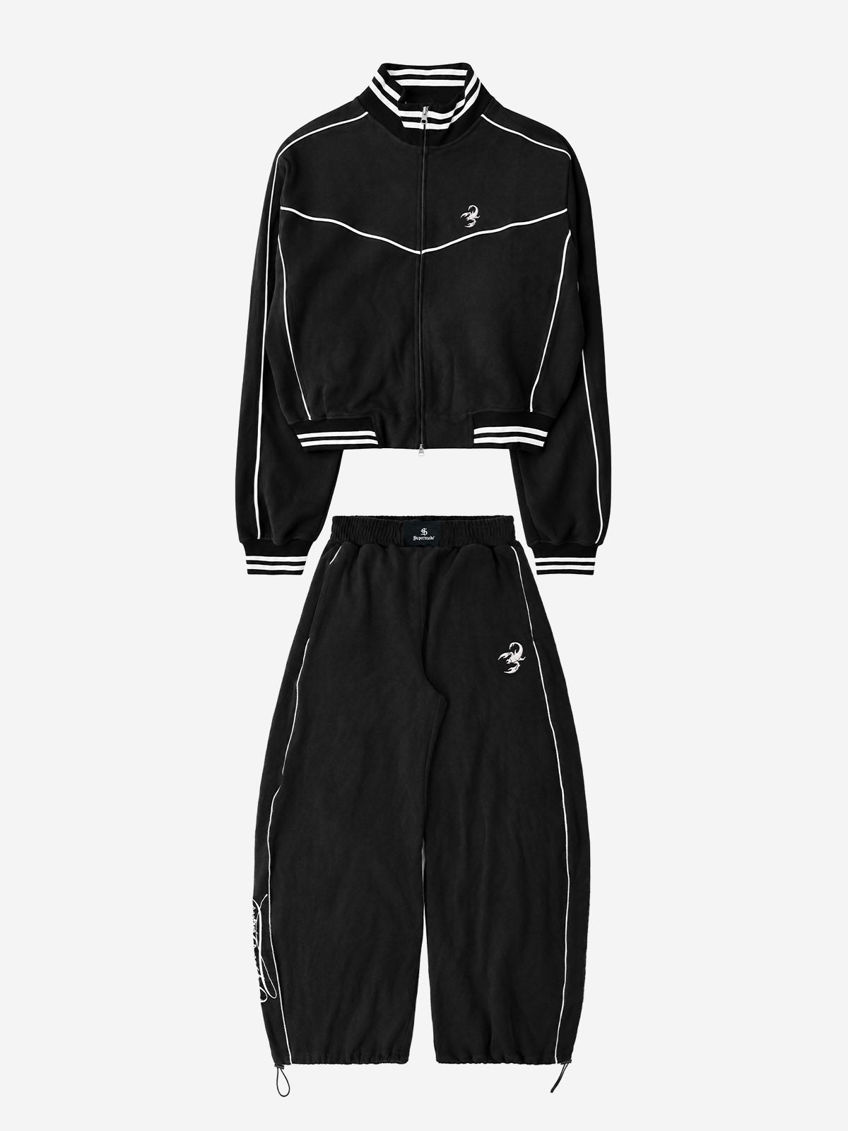 Scorpion-Embossed Cropped Zip Jacket & Curved-Leg Pants Set